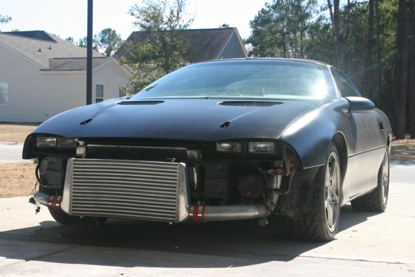 Good shot of the intercooler right after I flat blacked it!